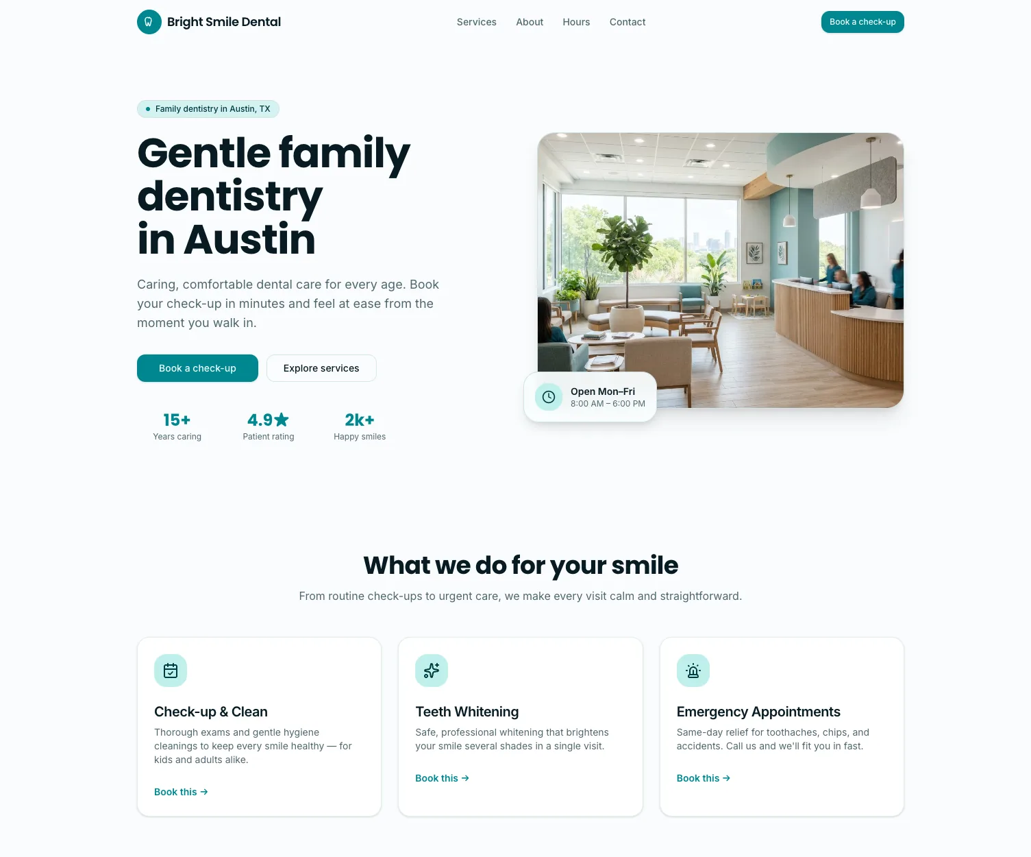 Preview of a dental practice website built by GoHighLevel AI Studio, showing the hero, statistics and three service cards