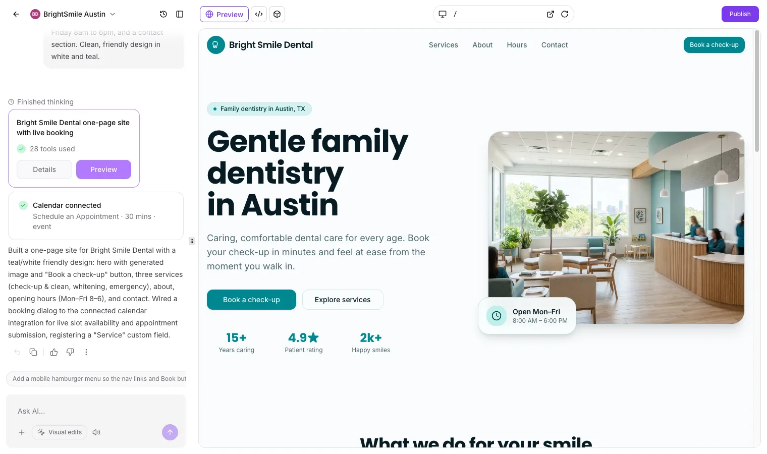 Finished dental practice website in the GoHighLevel AI Studio editor, with the chat summary on the left and the live preview on the right