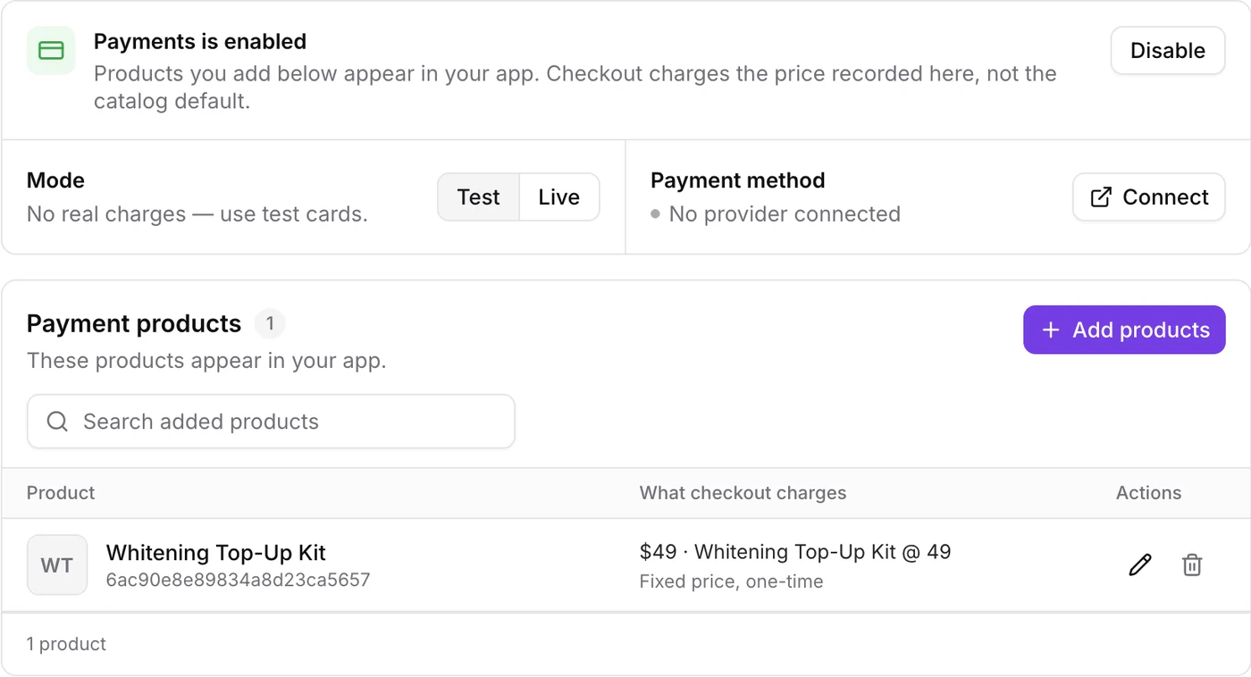 GoHighLevel AI Studio Payments panel showing payments enabled in test mode, no provider connected yet and the Whitening Top-Up Kit listed at $49 fixed price