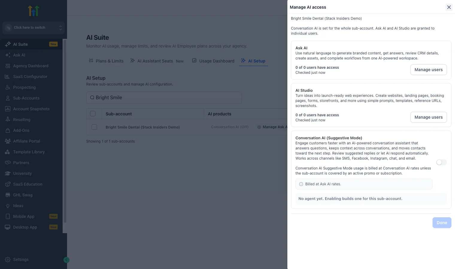 GoHighLevel agency AI Suite, AI Setup tab, with the Manage AI access drawer open for a demo sub-account showing Ask AI, AI Studio and Conversation AI