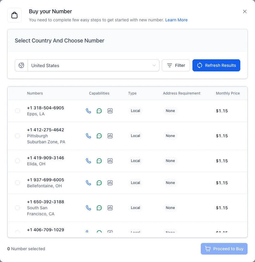 GoHighLevel Buy your Number dialog listing US local numbers with voice, SMS and MMS capability at $1.15 a month