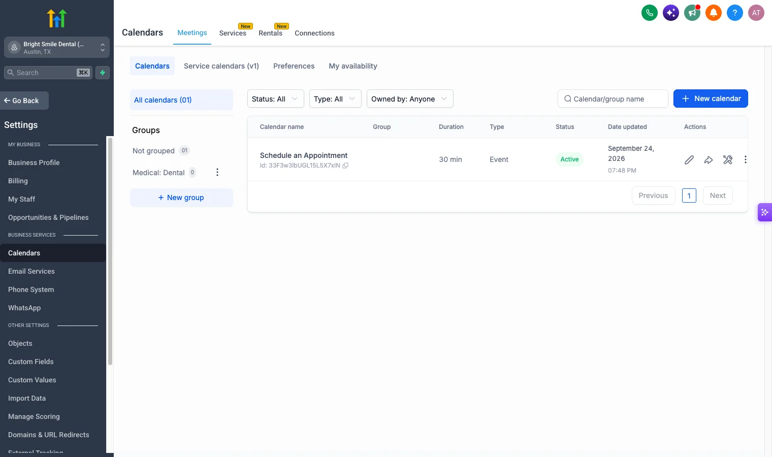 GoHighLevel calendar settings list in a dental demo sub-account showing calendars, durations, types and status