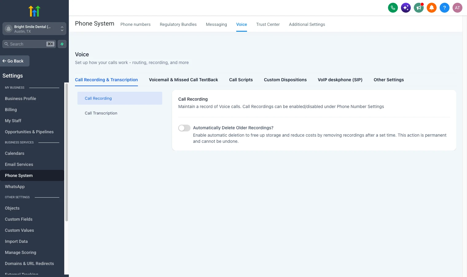 GoHighLevel call recording and transcription settings