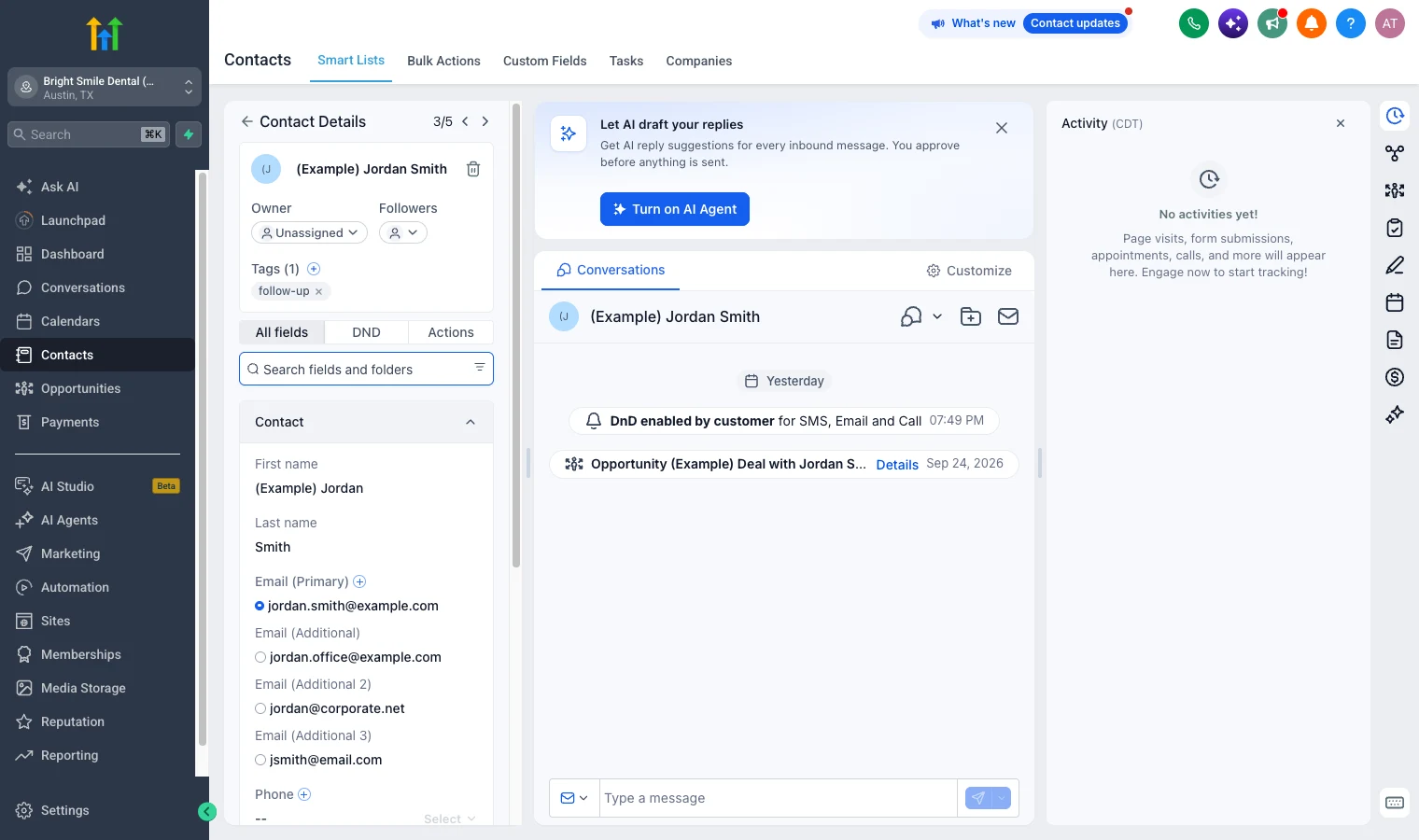 GoHighLevel contact record with contact details, conversation thread and activity timeline