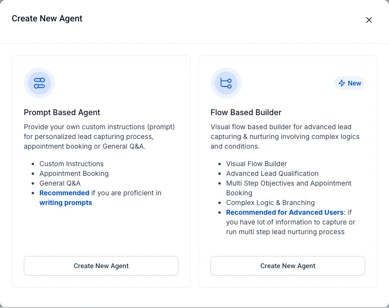 GoHighLevel Conversation AI create agent dialog offering a prompt based agent or a Flow Builder agent