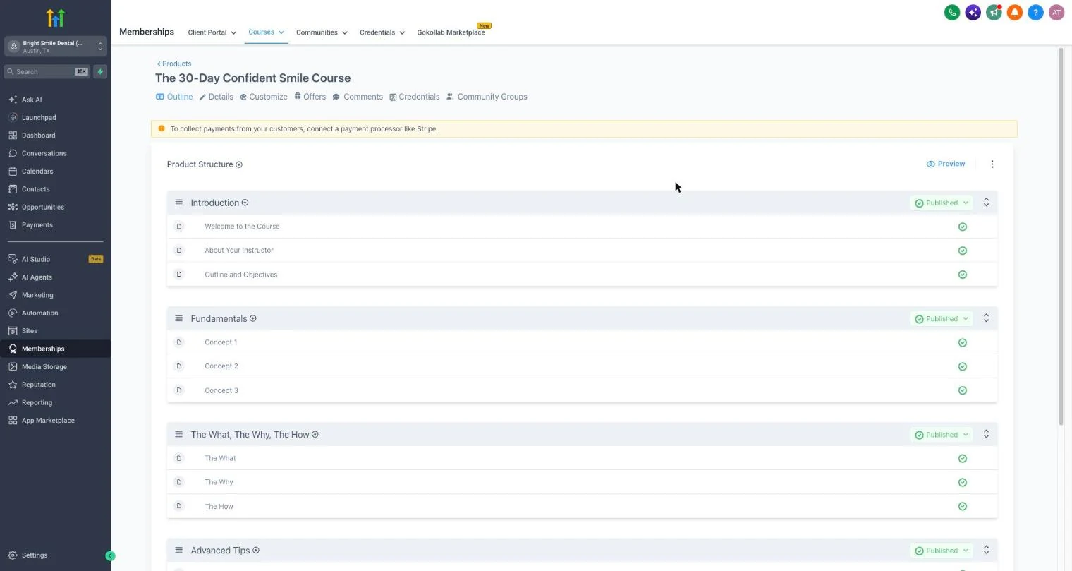 GoHighLevel Memberships course builder showing a course outline with published modules and lessons