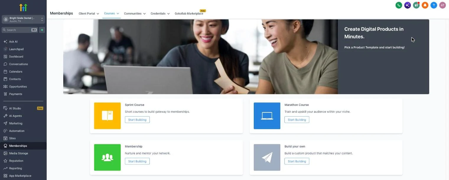 GoHighLevel course product templates to start a new course from
