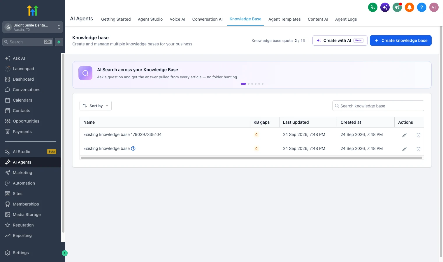 GoHighLevel knowledge base list showing two knowledge bases, a quota of 2 of 15 and a Create with AI button
