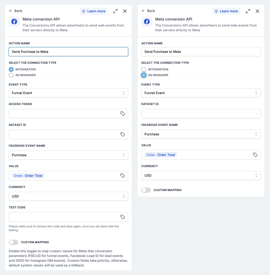 Two GoHighLevel Meta Conversion API panels side by side: Integration with access token, Dataset ID and test code fields, and Ad Manager with a Dataset ID dropdown and no access token field