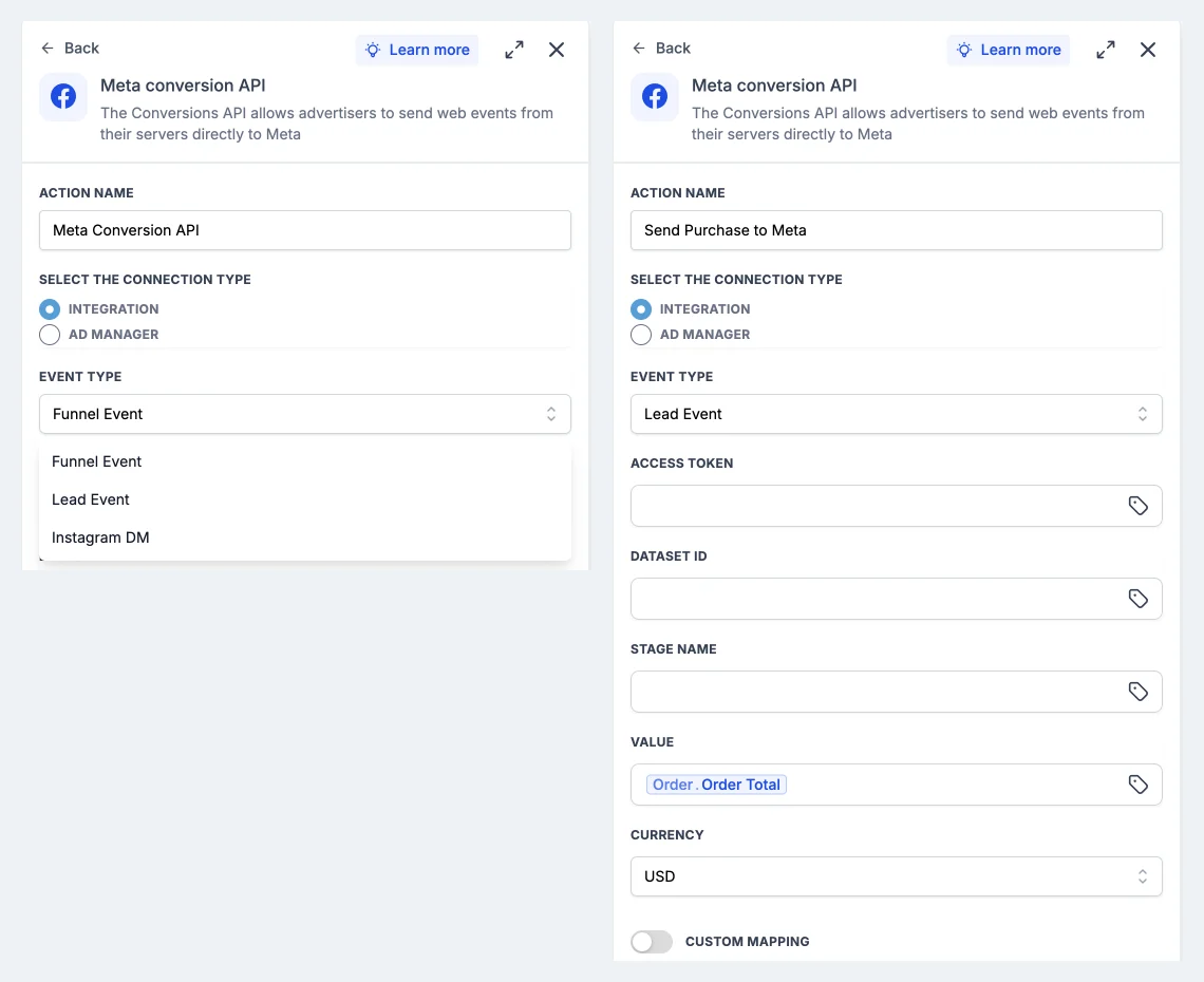GoHighLevel Meta Conversion API event type dropdown with Funnel Event, Lead Event and Instagram DM, next to the Lead Event panel with access token, Dataset ID, Stage Name, Value and Currency