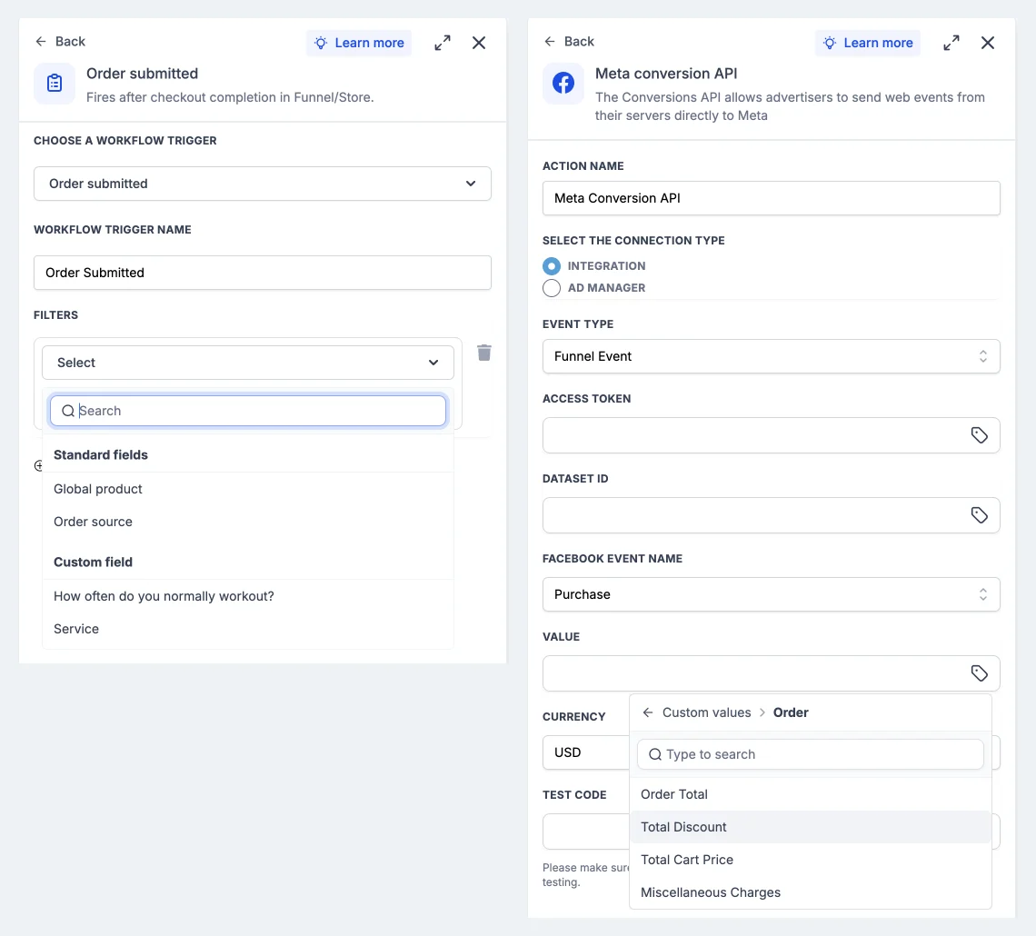 GoHighLevel Order submitted trigger panel reading Fires after checkout completion in Funnel/Store, next to the Value field's custom value picker showing Order Total, Total Discount, Total Cart Price and Miscellaneous Charges