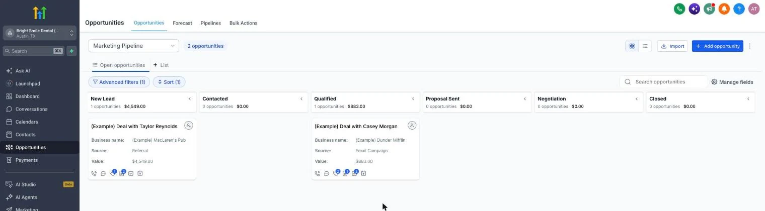 GoHighLevel opportunities pipeline board with deal stages and values
