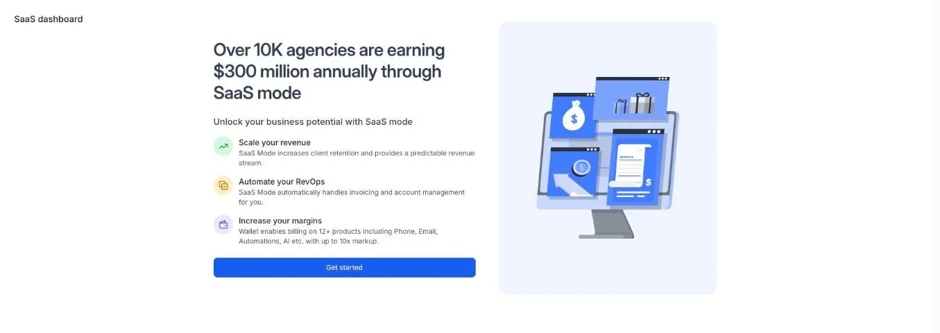 GoHighLevel SaaS Mode dashboard in agency view