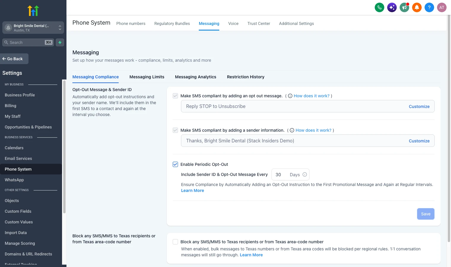GoHighLevel messaging compliance settings adding opt-out message and sender identification