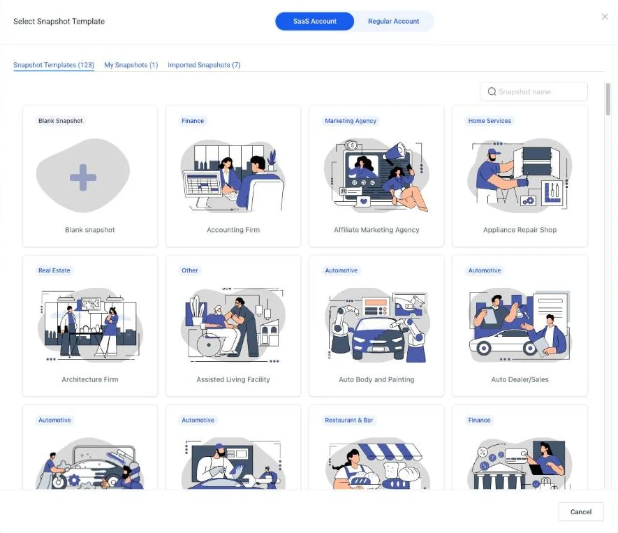 GoHighLevel snapshot template library with ready made templates for new sub-accounts
