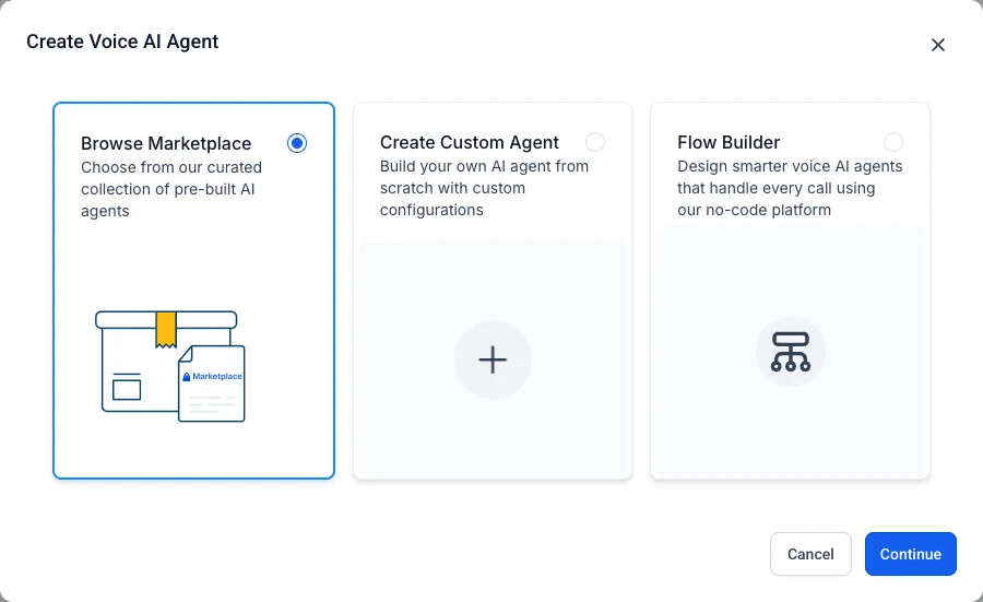 GoHighLevel Create Voice AI Agent dialog with Browse Marketplace, Create Custom Agent and Flow Builder options
