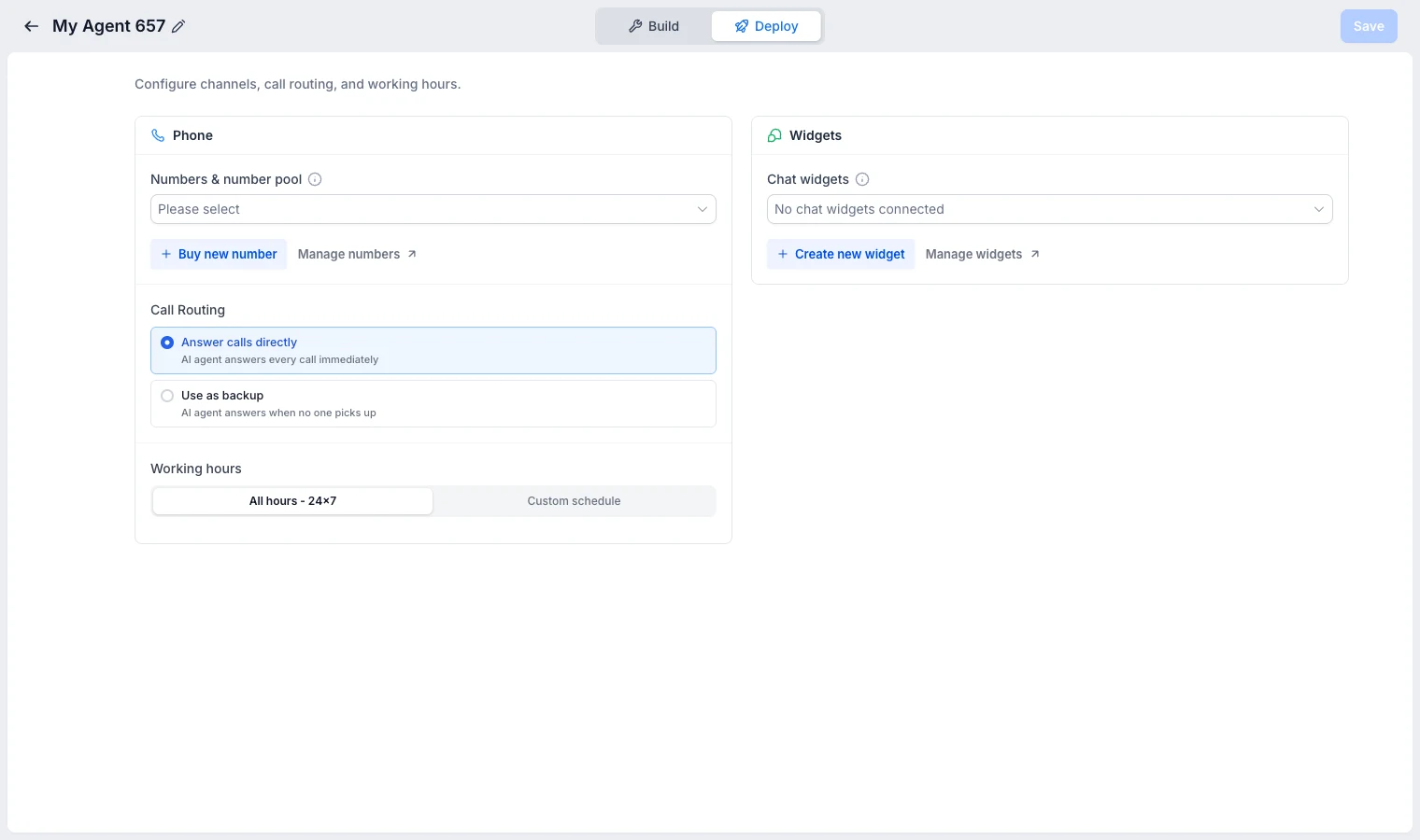 GoHighLevel Voice AI deploy tab with phone number, call routing and working hours settings