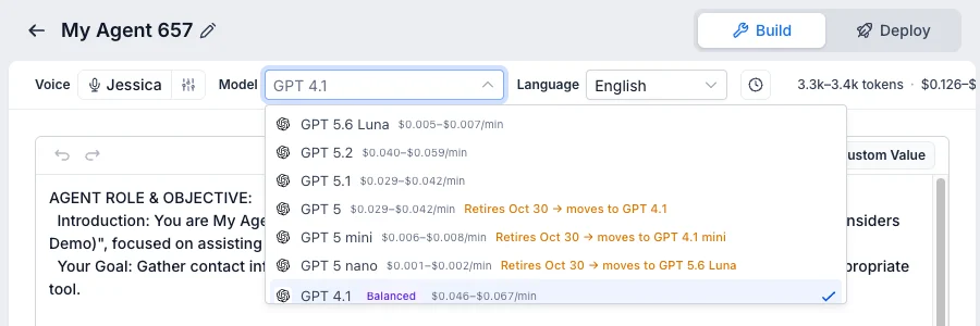 GoHighLevel Voice AI model dropdown showing GPT 5.6 Luna, GPT 5.2, GPT 5.1 and GPT 4.1 with per-minute prices