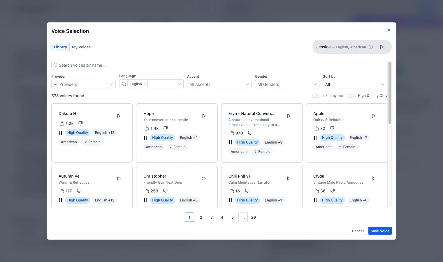 GoHighLevel Voice AI voice library showing 573 English voices with provider, accent and gender filters