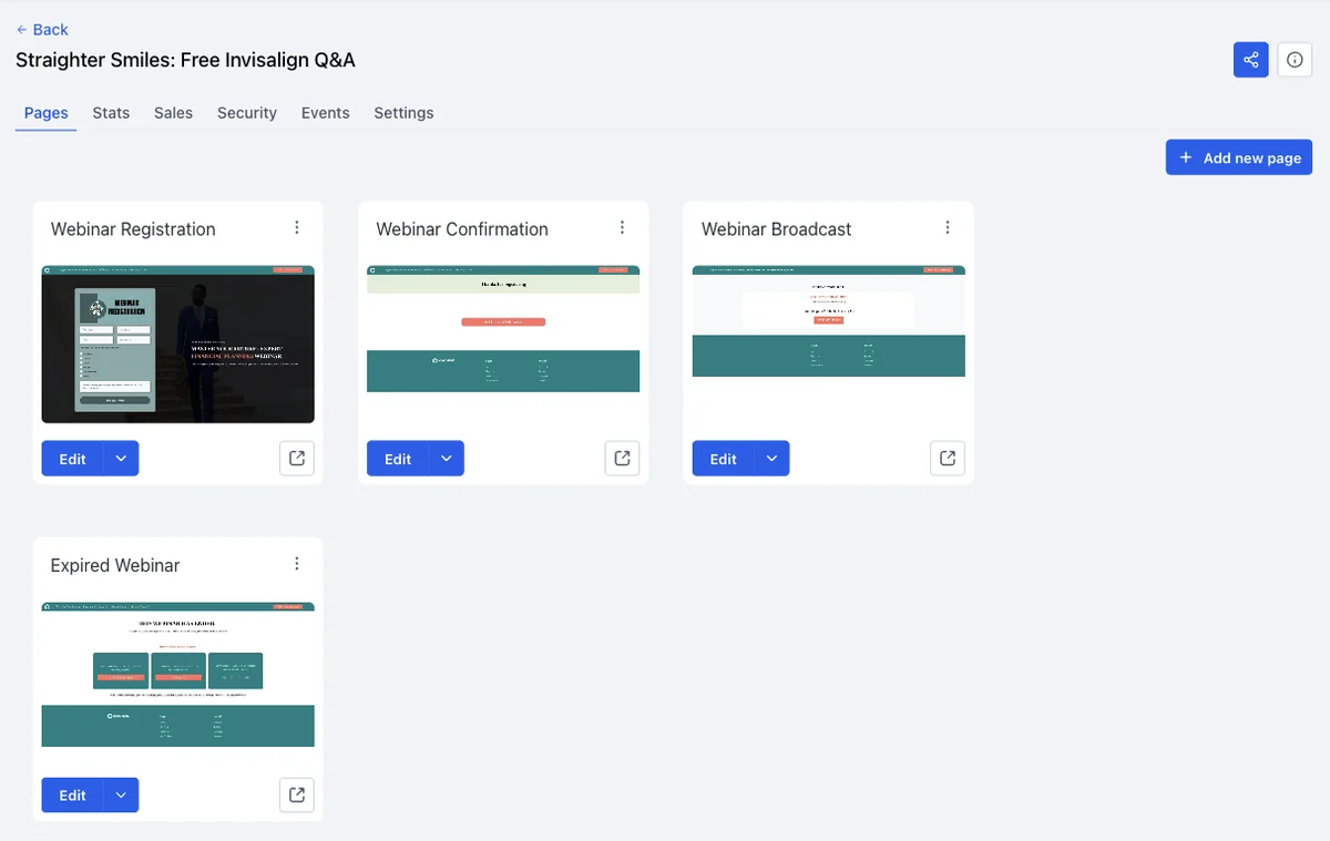 GoHighLevel webinar funnel Pages tab showing Webinar Registration, Webinar Confirmation, Webinar Broadcast and Expired Webinar pages, each with an Edit button