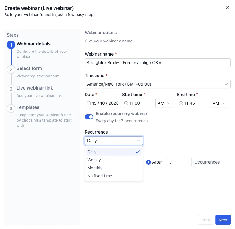 GoHighLevel Create webinar (Live webinar) step 1 with name, timezone, date, start and end time, and the recurring webinar switch on with Daily, Weekly, Monthly and No fixed time options