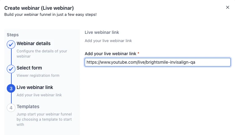 GoHighLevel Create webinar (Live webinar) step 3 asking for the live webinar link with a URL field