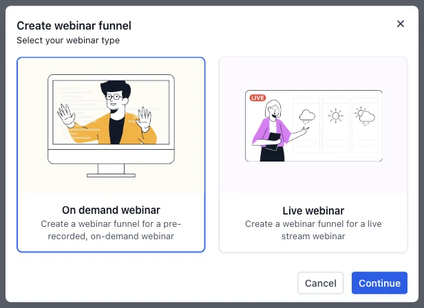 GoHighLevel Create webinar funnel window offering On demand webinar, for a pre-recorded webinar, and Live webinar, for a live stream webinar