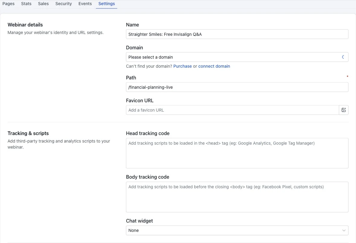 GoHighLevel webinar Settings tab with webinar details, domain, path, favicon, head and body tracking code and chat widget fields