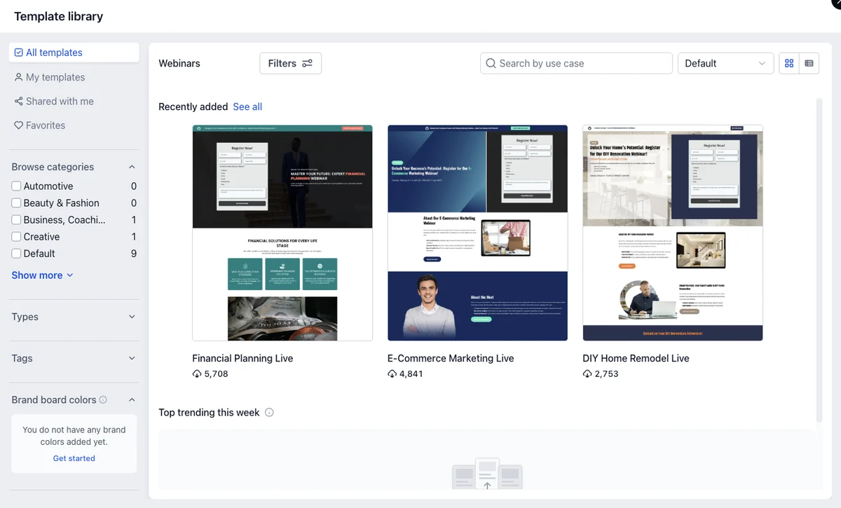 GoHighLevel template library on the Webinars category showing Financial Planning Live, E-Commerce Marketing Live and DIY Home Remodel Live templates with install counts