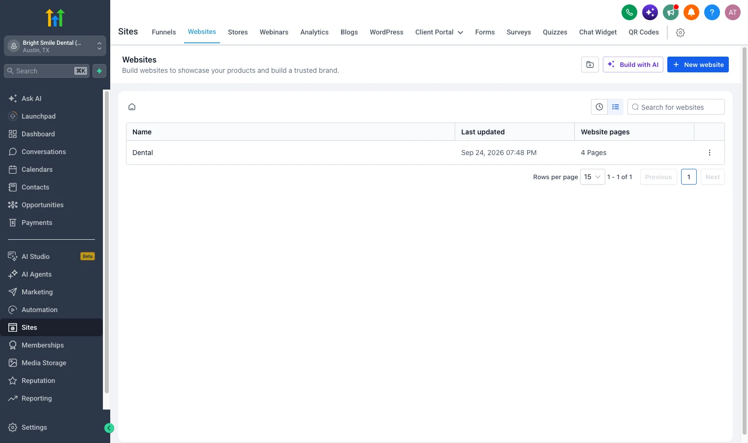 GoHighLevel Sites section showing the websites list
