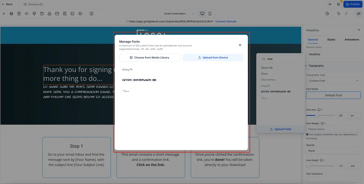 ClickFunnels to GoHighLevel migration funnel page builder with drag-and-drop sections, form elements, and design controls