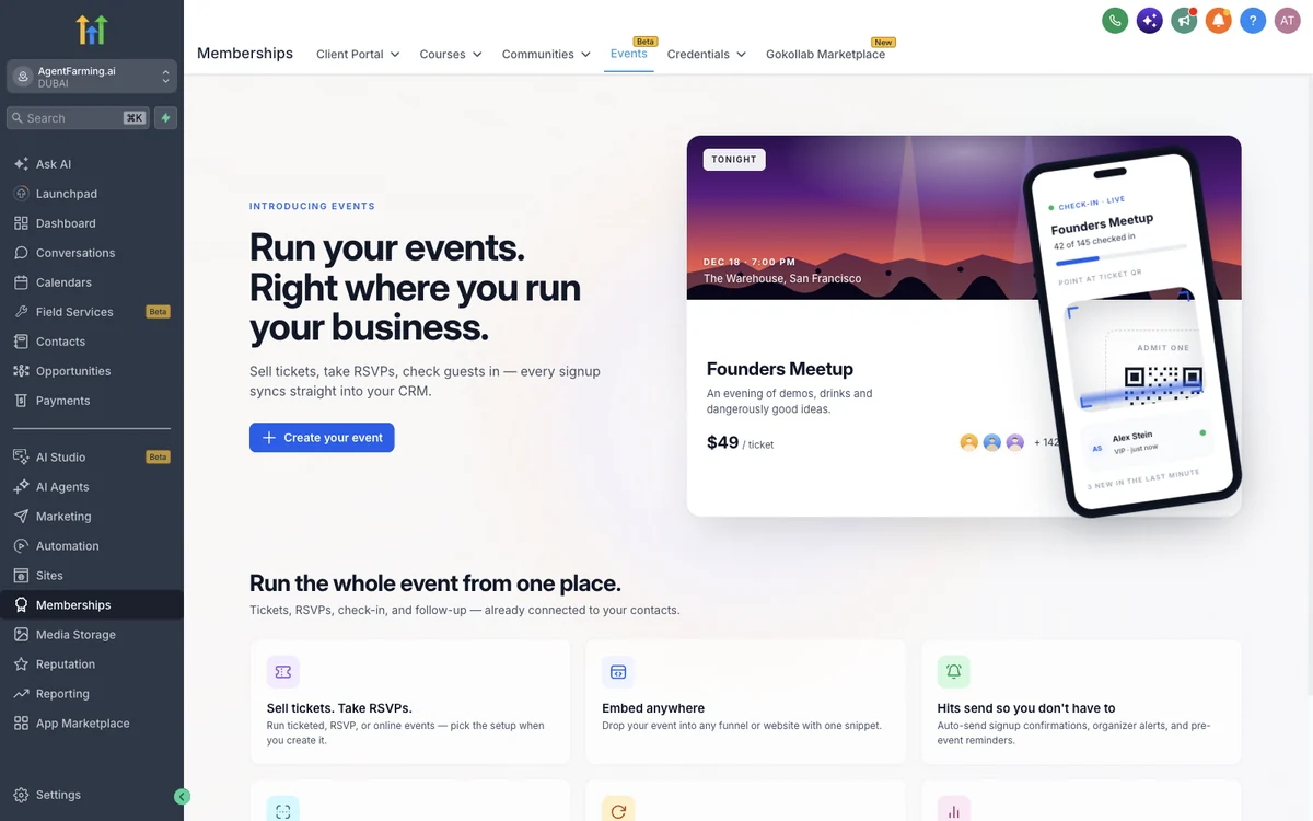 GoHighLevel Events beta start screen under Memberships, for selling tickets, taking RSVPs and checking guests in