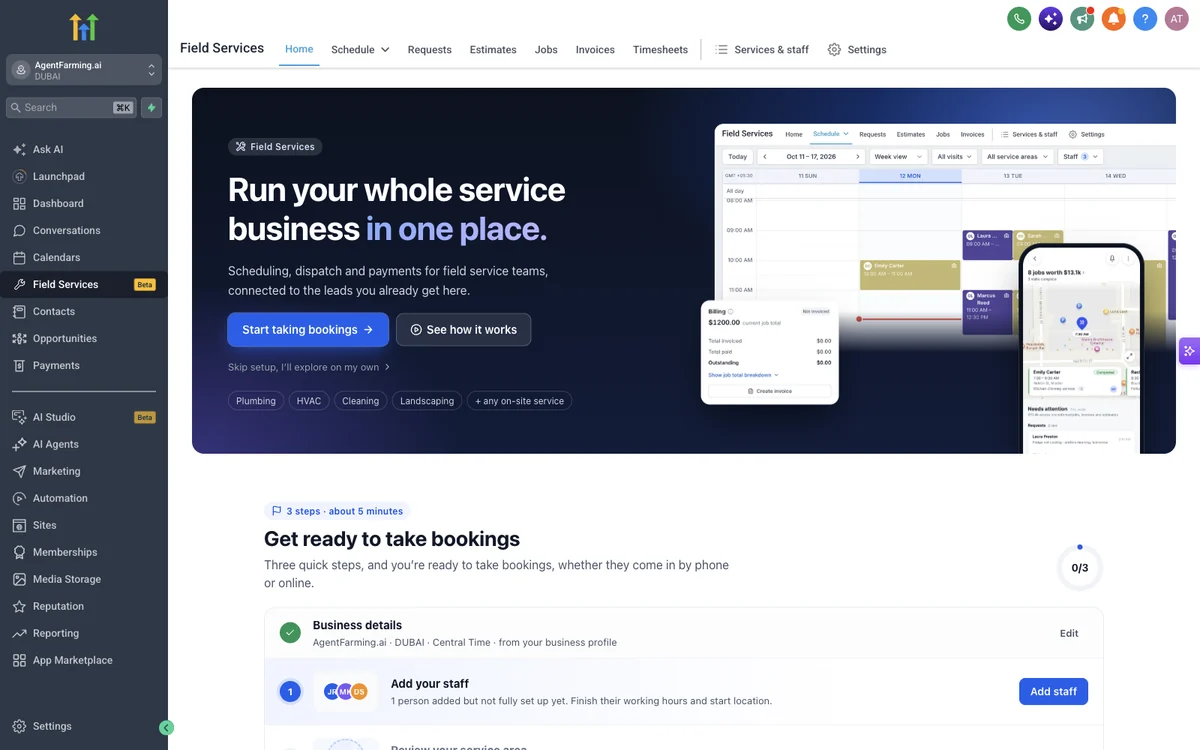 GoHighLevel Field Services beta home screen with scheduling, dispatch and payments for plumbing, HVAC, cleaning and landscaping teams