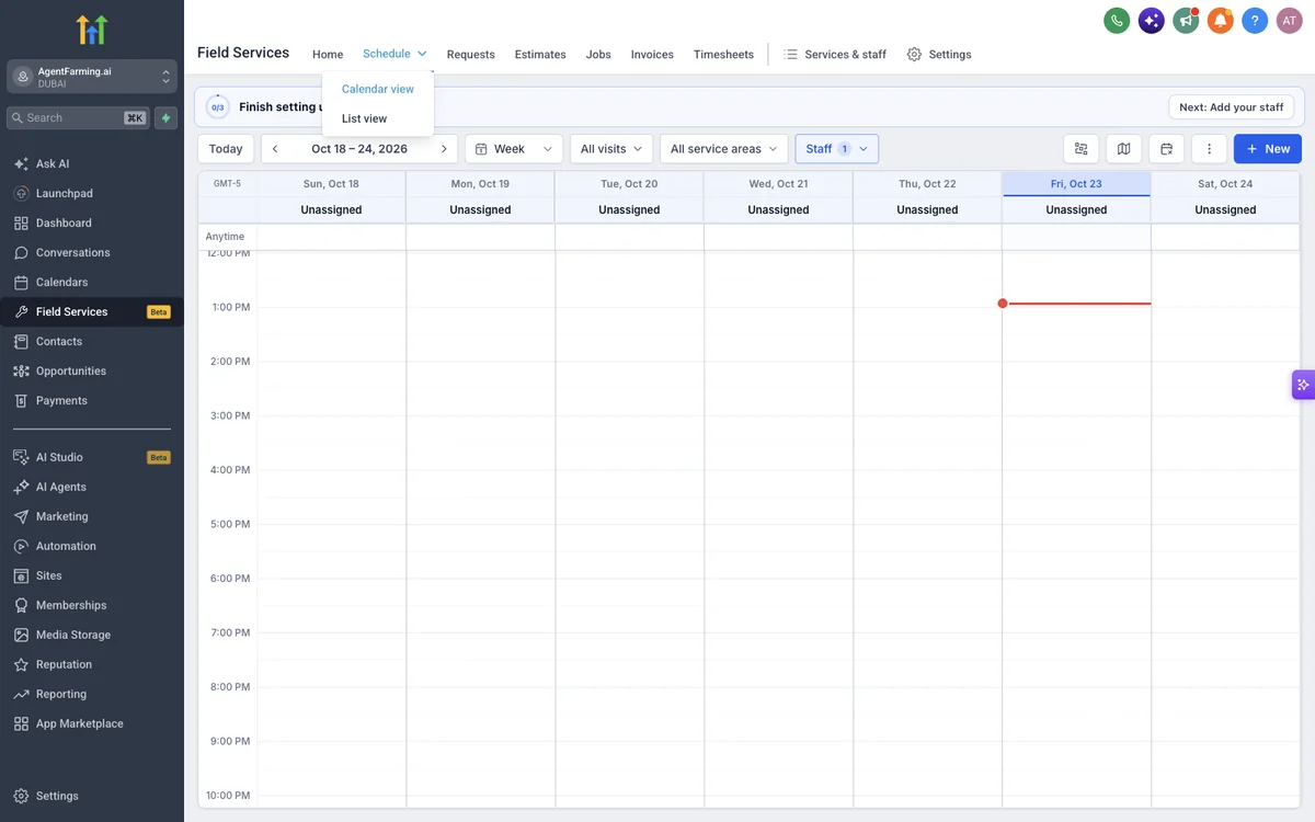 GoHighLevel Field Services weekly schedule view with filters for visits, service areas and staff, plus calendar and list views