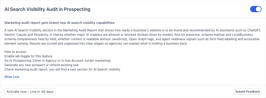 GoHighLevel Labs card for the AI Search Visibility Audit in Prospecting, switched on, listing AI crawler, llms.txt, schema and Open Graph checks