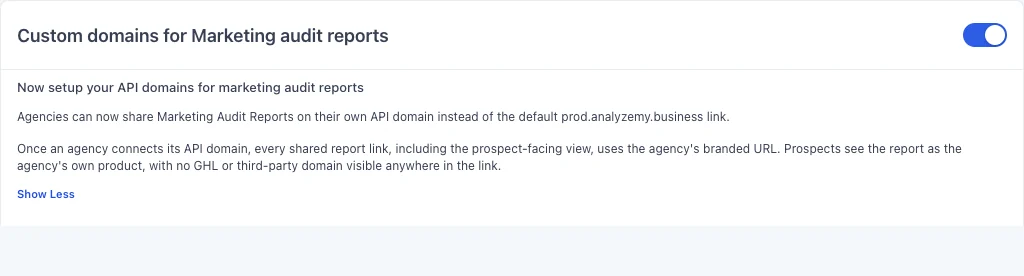 GoHighLevel Labs card for custom domains for marketing audit reports, letting agencies share reports on their own branded domain