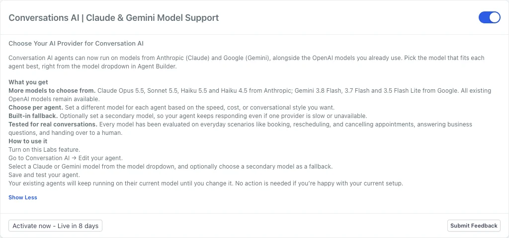 GoHighLevel Labs card for Conversation AI with Claude and Gemini model support, listing the models and the fallback option
