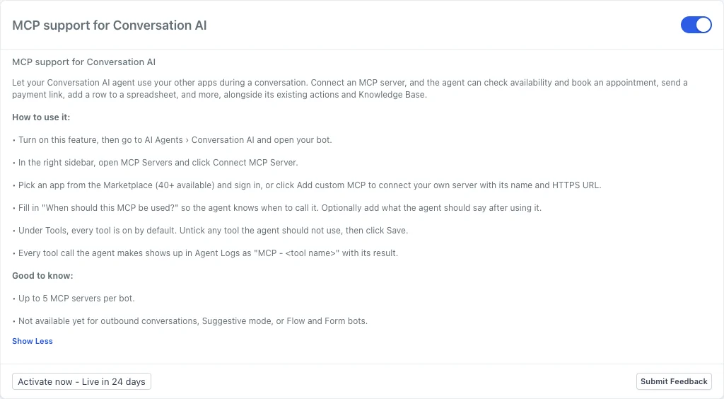 GoHighLevel Labs card for MCP support in Conversation AI, with setup steps and the five-server limit per bot