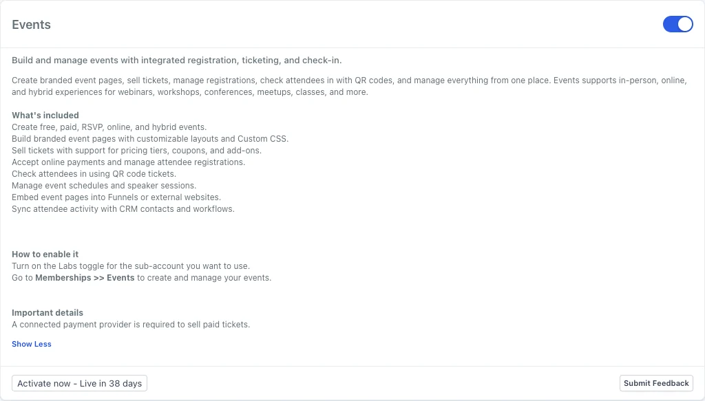 GoHighLevel Labs card for Events listing free, paid, RSVP and hybrid events, ticket tiers, coupons, add-ons, QR check-in and CRM sync