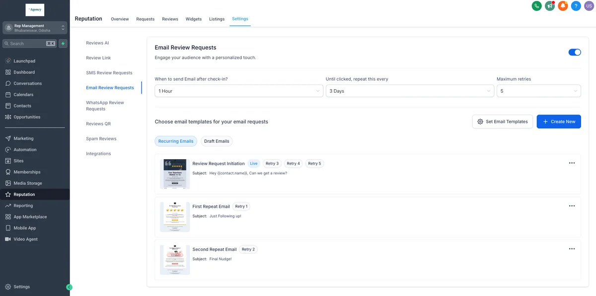 GoHighLevel automation workflows reputation dashboard showing star ratings, review sources, response rate, and sentiment tracking